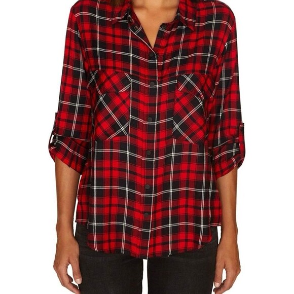 Sanctuary Shirt Women's Red Black Plaid Button Up / Snaps Boyfriend Shirt XL S - Picture 2 of 9